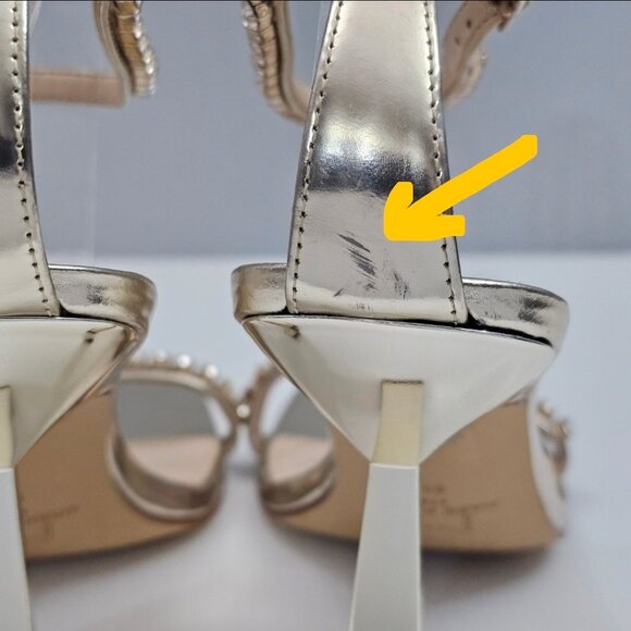 Marc Fisher Karima Rhinestone Heel Sz 9 Metallic Gold Leather Ankle Strap Sandal - Picture 12 of 16